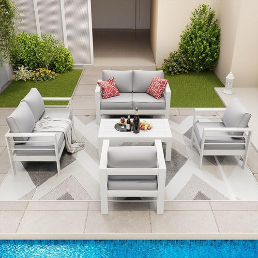 Amopatio Aluminum Patio Furniture Set, 7 Pieces Modern Patio Conversation Sets, Outdoor Sectional Metal Sofa with Coffee Table for Balcony, Garden, Dark Grey (Included Waterproof Covers)