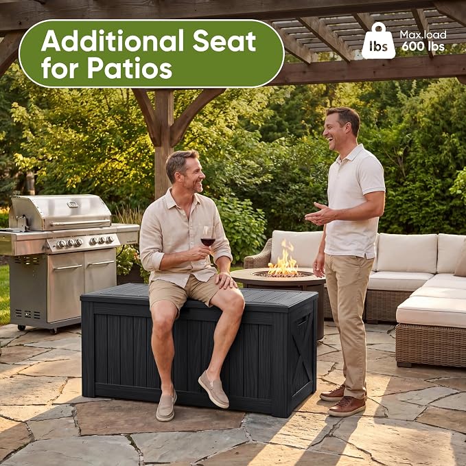 Flamaker Resin Deck Box 120 Gallon Waterproof Large Outdoor Indoor Storage Box Imitation Wood Resin for Patio Furniture Garden Tools and Pool (Black)