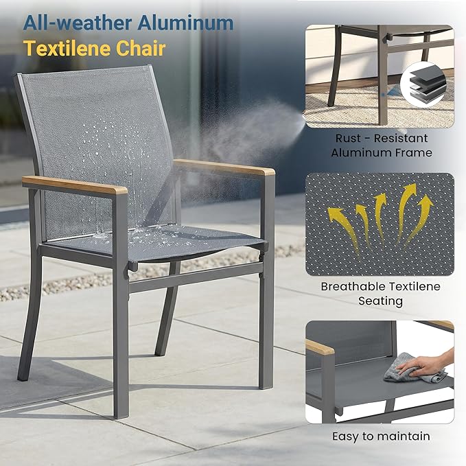 5-Pieces Aluminum Patio Table and Chairs Set, Outdoor Patio Furniture Set with Heavy Duty HDPS Square Table, All-Weather Outdoor Dining Set with Breathable Quick-Drying Textilene Chairs for Patio