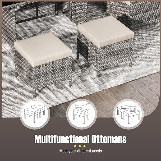 Tangkula 7 Pieces Patio Dining Furniture Set, Outdoor PE Rattan Sectional Sofa Set with Soft Cushions, Ottomans and Tempered Glass Table, Wicker Conversation Set (Mix Gray + Off White)
