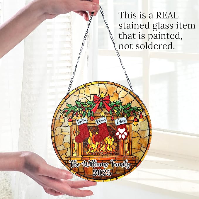 Personalized Stained Glass Christmas Suncatcher – Custom Family Name Fireplace Design – First from Mom and Dad – Holiday Ornament Keepsake for Family