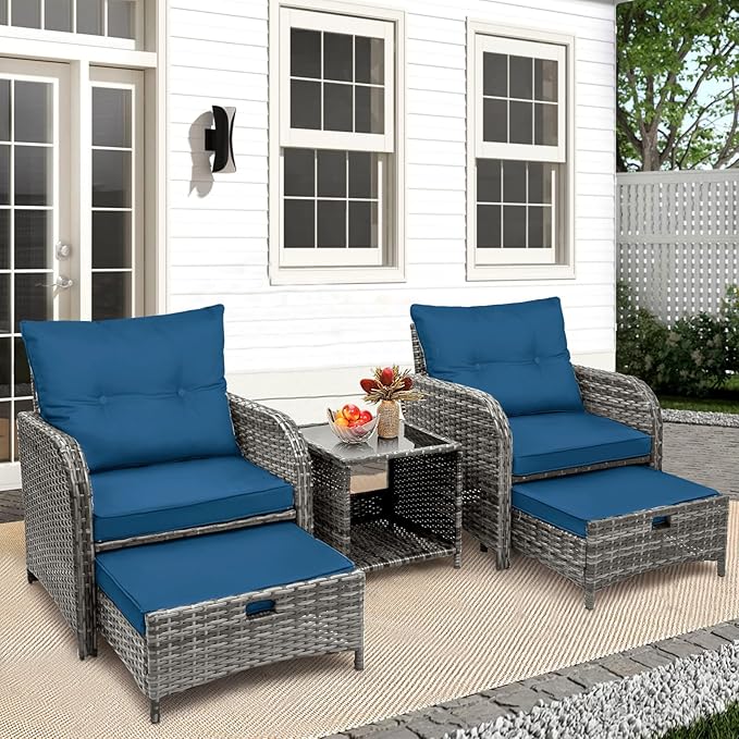 5 Pieces Wicker Outdoor Patio Chairs with Ottomans, All Weather PE Rattan Outdoor Conversation Set Bistro Patio Furniture Set with Hidden Ottoman for Porch Backyard Balcony, Blue
