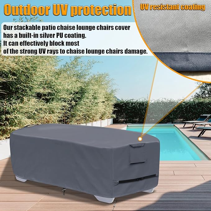 Outdoor Chaise Lounge Cover for 4-6 Stackable Patio Chaise Lounge Chairs, Waterproof, Durable Polyester Fabric 80 x 32 x 40 Inch Pool Lounge Chair Covers for Winter Storage (Grey)