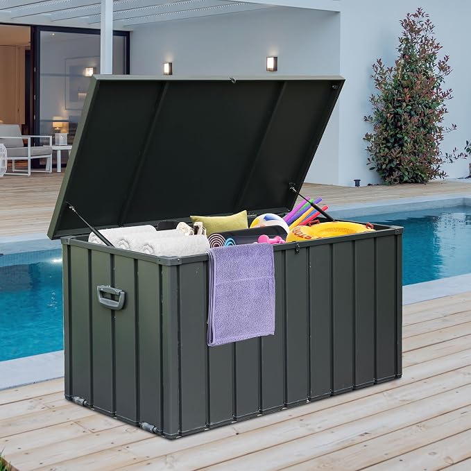 Domi Deck Box 160 Gallon Outdoor Storage Box, Large Metal Storage Cabinet Waterproof Lockable Container for Patio Furniture Cushions Garden Tools Pool-Supplies, Grey