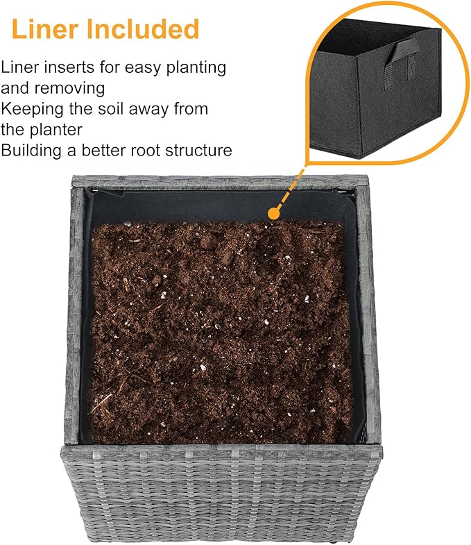 SUNNYPARK Gray Square Planter Box All-Weather PE Rattan Large Modern Planters with Removable Liner Indoor Outdoor Decorative Flower Pot for Patio, Balcony, Garden