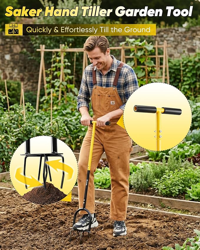 Saker Hand Tiller Garden Tool – Manual Twist Garden Cultivator with Foot Plate, Steel Garden Claw & 32-Inch Adjustable Long Handle, Heavy-Duty Soil Loosener for Raised Beds, Planting Boxes & Lawn Care