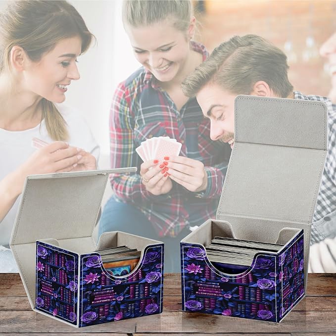 Card Deck Box for MTG, Cards Storage Box Fits 120+ Sleeved, Leather Small Size Strong Magnetic Closing Card Case for Board Games Magic TCG CCG Baseball Collection, Purple Flower Books