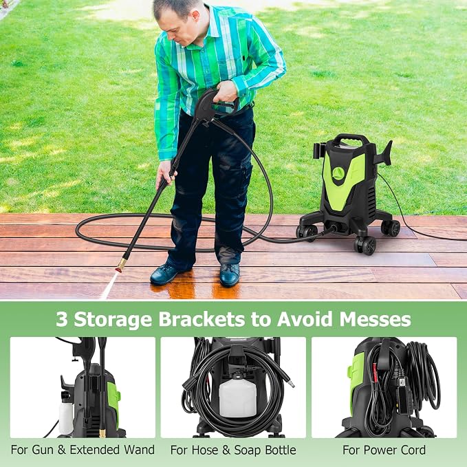 COSTWAY Electric Pressure Washer with 4 Universal Wheels, 2400 PSI High Pressure Cleaner Machine with 4 Nozzles and Soap Bottle, 1.7 GPM Portable Washer for Car, 3 Self-Priming Ways (Green+Black)