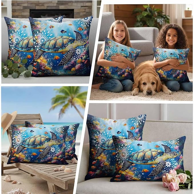Turtle Waterproof Outdoor Pillow Covers Set of 2 Home Decor, Ocean Fish Coral Underwater World Cartoon Pillowcase Patio Pillow Covers for Couch Bench Furniture Garden 16x16in