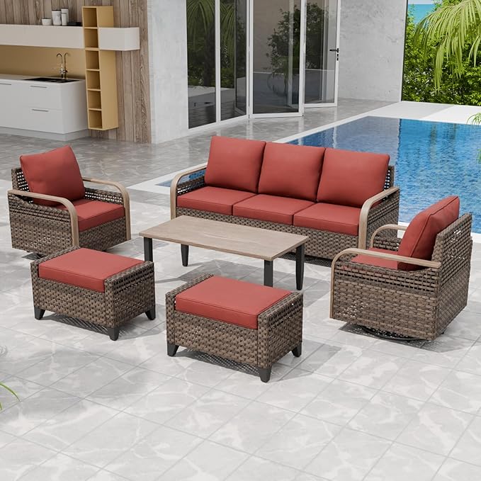 Modern Wicker Patio Furniture Set, Rattan Outdoor Conversation Set with Comfortable Cushions, 2 Swivel Rocking Chairs, 3 Seat Couch, 2 Ottomans and Coffee Table, 6 Pieces, Brown/Red