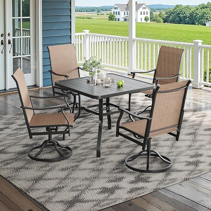 Soohow Patio Dining Set for 4, 5 Piece Outdoor Table and Chairs Set, 4 x Swivel Patio Chairs with Textilene Fabric and 35"x35" Outdoor Dining Table with 1.57" Umbrella Hole for Poolside, Backyard
