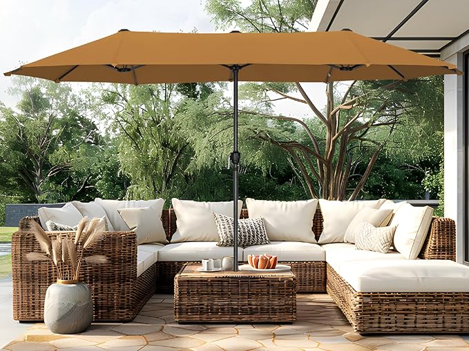 PHI VILLA 13ft Large Patio Umbrellas, Double-Sided Outdoor Market Rectangle Umbrella for Outside, Tawny