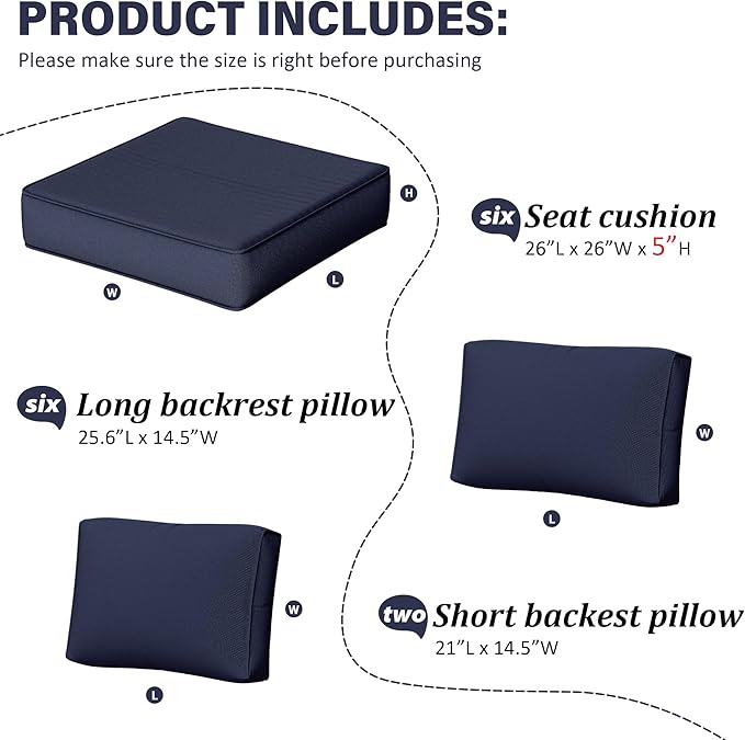 Outdoor Furniture Replacement Cushions, 5" Foam Foam High-Density, Fits 6-seat Sectional Rattan Conversation Set, 14 Piece Patio Water-Resistant Replacement Sofa Cushions, Liner&Cover