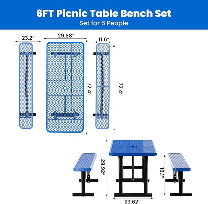 6FT Outdoor Metal Picnic Table with 2 Benches,Heavy Duty Rectangular Picnic Table Set for Outside, Waterproof Commercial Restaurant Table Furniture for Park, Campfield, Patio, Garden, Yard