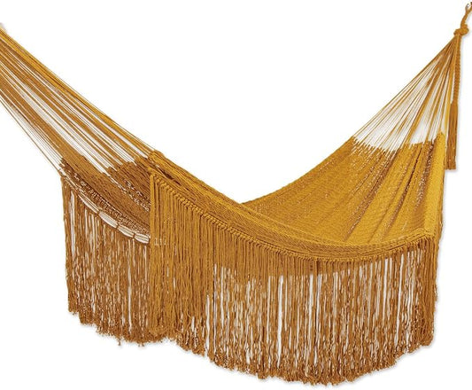 NOVICA Artisan Handmade Cotton Rope Hammock Fringed Amber Yellow from Mexico Double Solid Tropical Decor [Bed Size 75in L x 79in W Total Length 142in L Fringe 15.75in L] ' Amber Cascade' Double