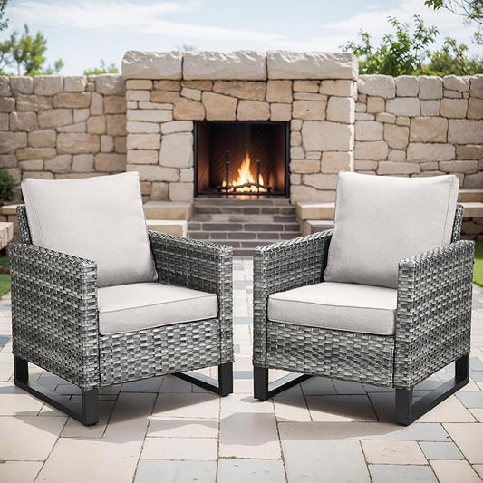 Rilyson Wicker Outdoor Patio Chairs Set of 2-2 Piece Rattan Chairs with Waterproof Wicker,Comfortable Cushions and Sturdy Metal Frame for Outside Porch Deck Backyard(Mixed Grey/Beige)