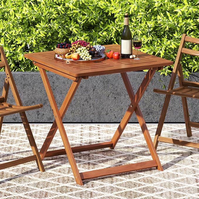 Byroce Outdoor Patio Table, 29.5” x 29.5” Folding Bistro Table with Slatted Tabletop & 2” Umbrella Hole, Solid Wood Outdoor Dining Table, Portable for Backyard, Poolside & Balcony (1, Square)