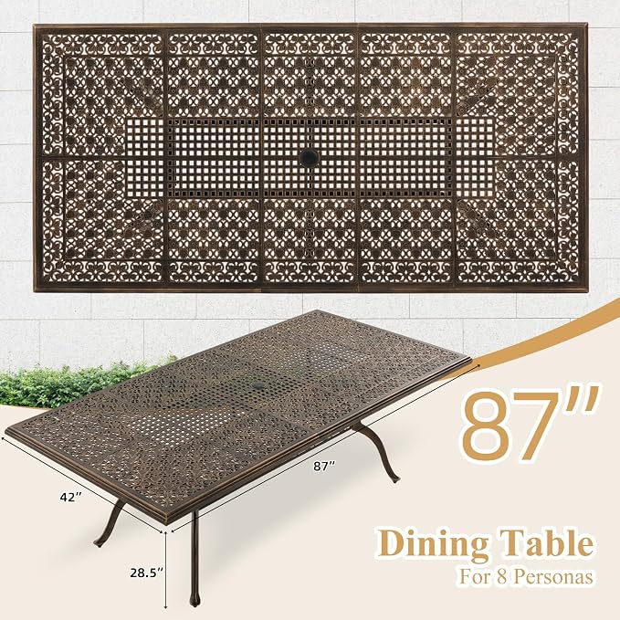 87" Rectangular Cast Aluminum Outdoor Dining Table, Elegant Bronze Patio Table for 8 with Strawberry & Leaf Design, 2" Umbrella Hole, Rustproof & Weather-Resistant Furniture for Garden