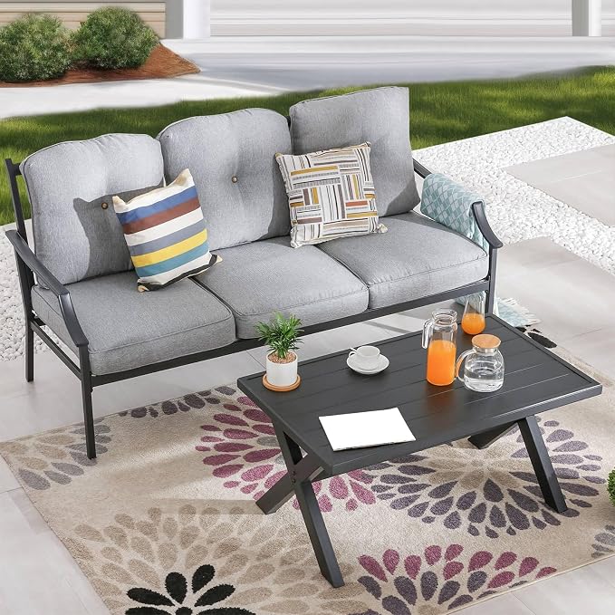 Patio Conversation Set Metal Outdoor Furniture Sets 3-Seater Sofa with Metal Coffee Table Thick Cushions (Grey)