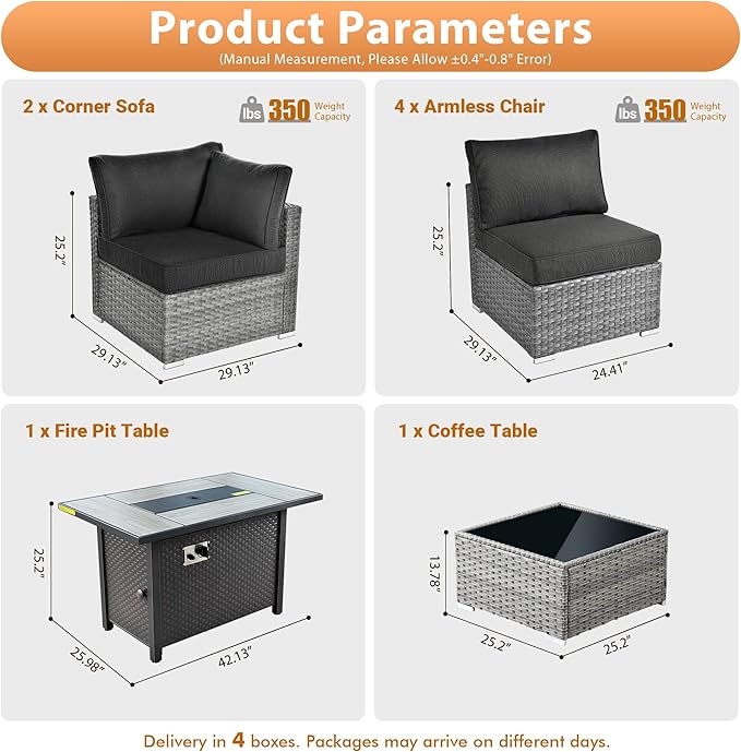 8 PCS Outdoor Patio Furniture Sets with 42 in Fire Pit Table,Wicker Weather Resistant Patio Conversation Set with Comfy Cushions,Modular L Shaped Sofa with Coffee Table for Yard,Black