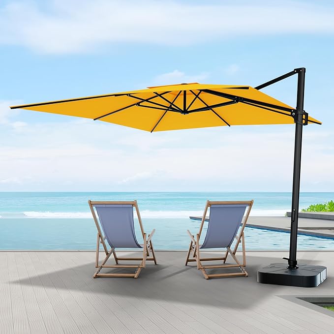 Midtown Umbrellas 9 x 9 Ft Outdoor Cantilever Patio Umbrella w/Sunbrella Yellow Fabric - Tilt 360° Rotate Offset Patio Umbrella, Deck Patio Umbrella, Backyard Umbrella & Garden Umbrella - Black Frame