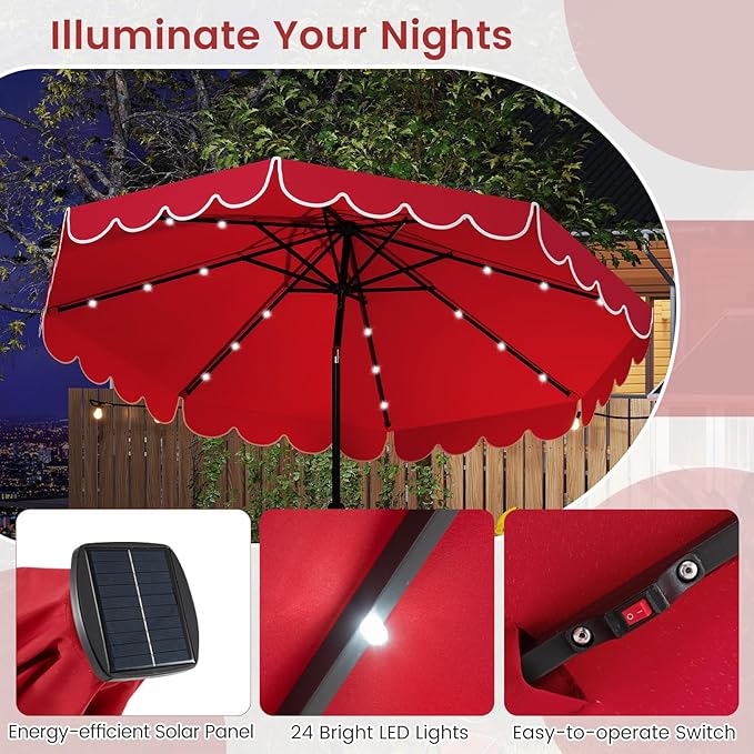 HAPPYGRILL 10 FT Patio Umbrella with Solar Lights, Market Sunshade with Ruffles, Vented Top, Tilt Adjustment & Built-in Crank, Outdoor Parasol Canopy for Backyard Poolside Deck Beach Lawn