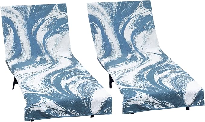 COTTON CRAFT Pool Lounge Chair Cover - 2 Pack Waves Terry Jacquard Towel Chaise Lounge Chair Cover - 100% Ringspun Cotton Soft Beach Chair Cover - Oversized 32 in W x 82 in Length x 7 in Pocket – Blue