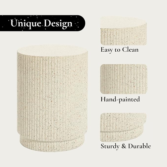 LuxenHome Cream Cement Round Outdoor Side Table, Set of 2