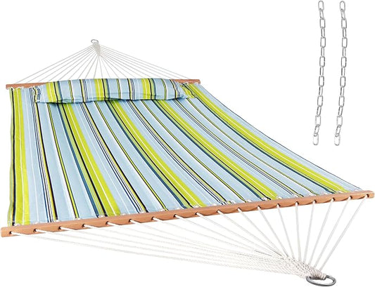 Sunnydaze Quilted Double Hammock for Outside with Spreader Bars and Pillow - 450 lb Capacity, 74x55 Inch Bed, UV Resistant, Quick Dry - Chains Included, Stand Sold Separately - Blue & Green