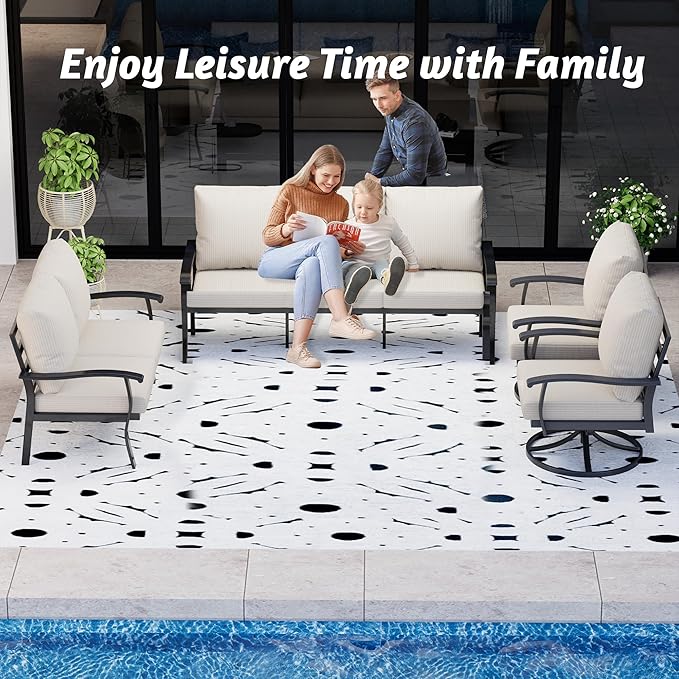 HOMREST Outdoor Furniture Thickened Cushion 360 Degree Swivel Rocking Patio Chairs and 3-Seat Sofa, Loveseat, Coffee Table, 5 PCS Metal Conversation Set for Garden, Deck and Poolside
