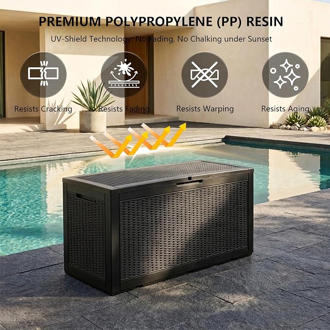 Outdoor Storage Box, 110 Gallon Waterproof Deck Box [Upgraded 3.0], Auto-Open Gas Struts Resin Organizer for Lounger Pillows, Secure Lockable Backyard Storage Bench, Poolside Deck, Black