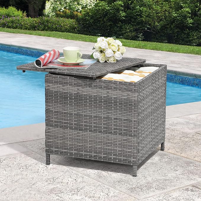 Verano Garden Outdoor Wicker Side Table, Small Storage Rattan Wicker End Table, Square Resin Coffee Table for Garden Porch Deck Living Room Backyard (Gray)