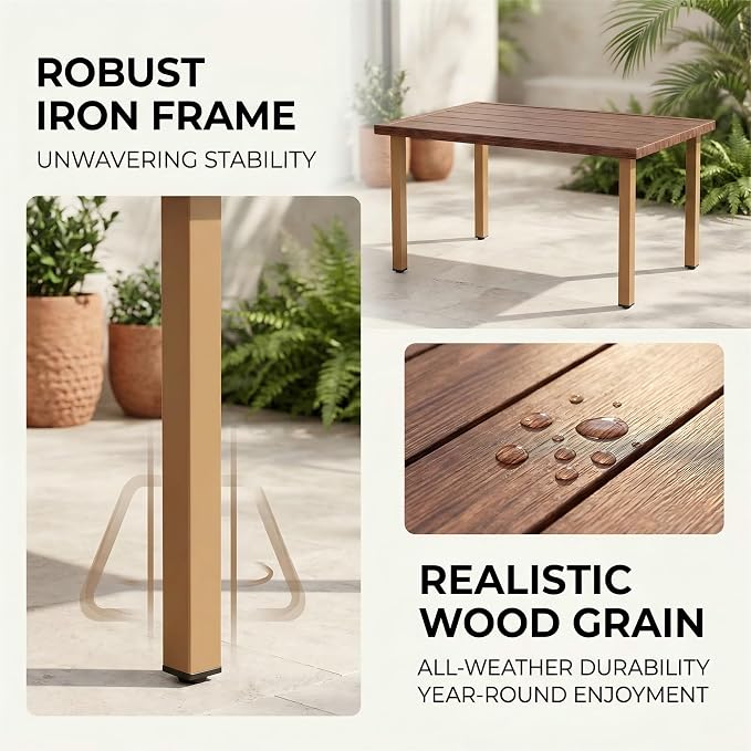 NestNook Outdoor Patio Coffee Table, Metal Center Table with Wood Grain Finish, Smooth Easy-Clean Surface, Adjustable Feet, All-Weather Iron Table for Backyard, Balcony, Porch