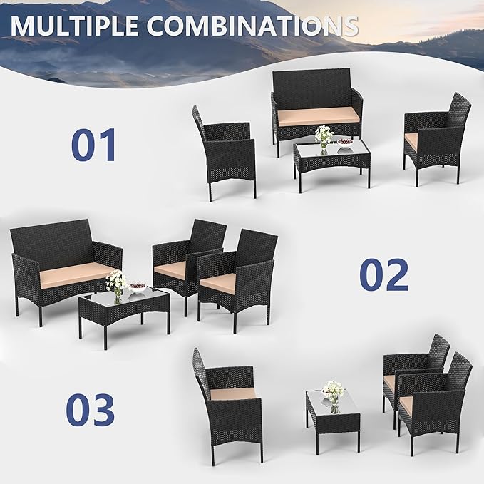 4 Pieces Outdoor Patio Furniture Sets,Wicker Conversation Set with Coffee Table,Loveseat and Wicker Patio Chairs with Soft Cushion for Porch, Garden, Lawn(Sand)
