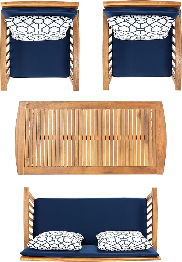 SAFAVIEH Outdoor Collection Rocklin Natural/ Navy Blue Cushions/ Geometric Pattern Pillows 4-Piece Conversation Patio Set