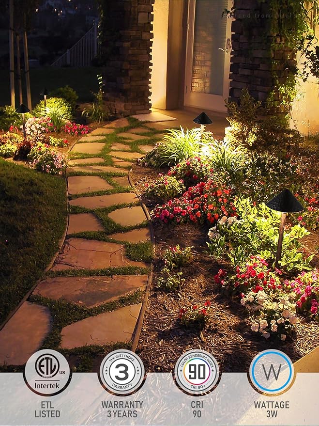 LEONLITE LED Low Voltage Landscape Path Light, 3W 12-24V AC/DC, Pathway Lighting Wired, Outdoor Light for Yard Lawn, ETL CRI90+ Unique Vintage Golden Edge, Black Aluminum, 3000K Warm White, Pack of 4