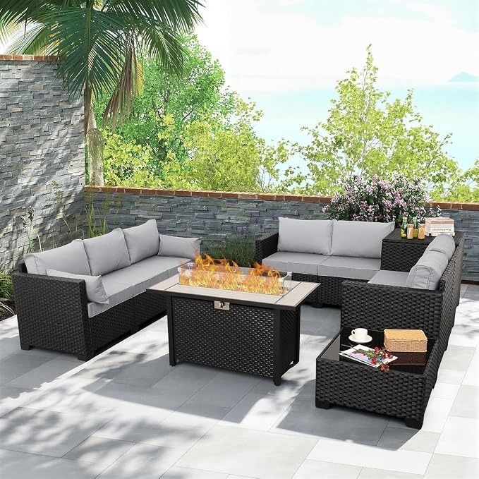 6 Piece Outdoor Furniture Sets Patio Furniture Set with 45 Inches Gas Fire Pit Outdoor Storage Box Glass Coffee Table and Waterproof Covers Anti-Slip Light Grey Cushions