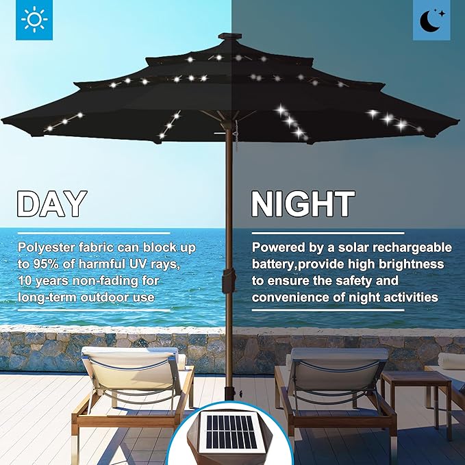 Eurmax USA 10-Year-Non-Fading 10FT 3-Tier Outdoor Patio Market Umbrella with LED Lights,UPF50+ UV Resistant,Commercial Grade,Crank Lift Design,Windproof Vented Top for Garden,Pool,Deck,Black