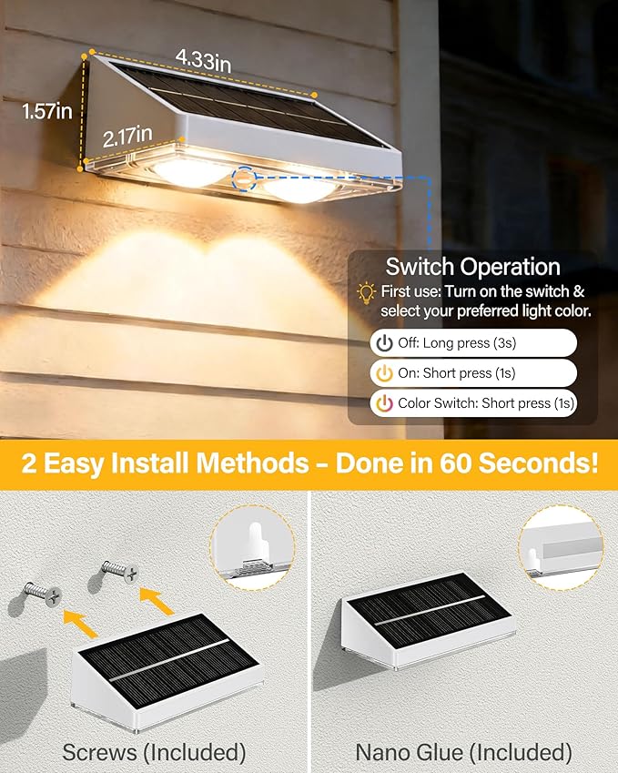 Solar Fence Lights Outdoor, 2 Pack Ultra-Bright 85LM Fence Lights Solar Powered, 9 RGB Color Modes, IP65 Waterproof, 12H Dusk to Dawn Glow for Pool/Deck/Patio/Wall/Backyard - White