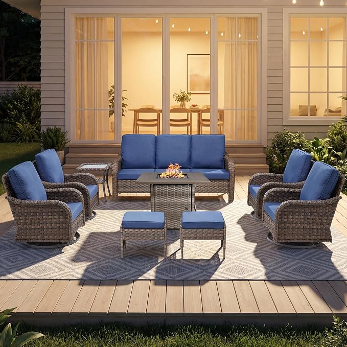 Patio Furniture Set - 9 Pieces All Weather Wicker Outdoor Furniture with 4 Swivel Chairs, 2 Ottomans, 1 Sofa,1 Side Table and Fire Pit Table, Ergonomic Design for Porch, Garden, and Backyard(Blue)