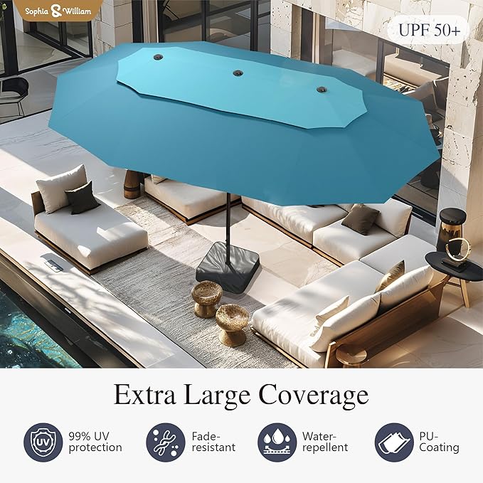 Sophia & William 15ft Extra Large Patio Umbrella with Base Included, 2-Tier Double-Sided Rectangle Outdoor Umbrella with Stand, Market Umbrella for Pool Garden Backyard, Blue & Cerulean