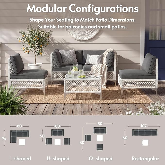 ENSTVER 5-Piece Outdoor Patio Furniture Set, Value Lightweight Boho Outdoor Sectional with Handwoven Wicker & Easy Assembly, Durable Outdoor Sofa for Small Patio, Balcony（Cushion Dark Grey）