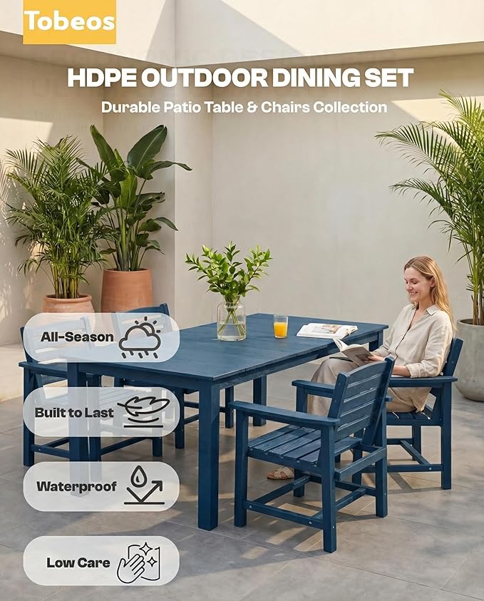 HDPE Outdoor Dining Set for 8, 9-Piece Outdoor Dining Table Set with 15FT Patio Umbrella, Patio Table and Chairs Set with Aluminum Frame & Legs (Blue)