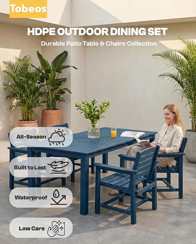 7-Piece Outdoor Dining Set with Aluminum Frame for 6,Navy Blue | HDPE material, 2" umbrella hole, patio table and chairs, ideal for yard, lawn, garden, balcony, deck, poolside