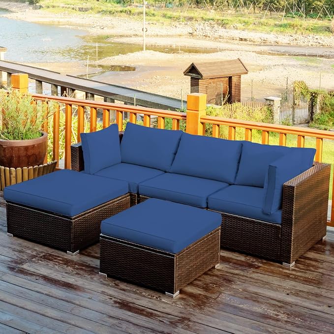 COSTWAY 5-Piece Outdoor Patio Furniture Set, PE Rattan Sectional Conversation Set with Cushions and 2 Ottomans for Garden, Deck, Backyard (Navy)