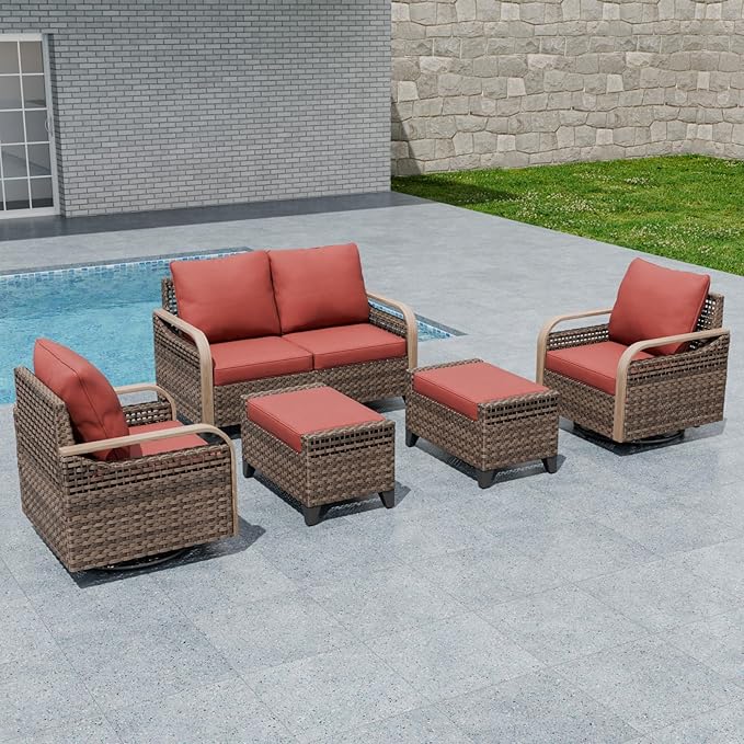 EAGLE PEAK Modern Wicker Outdoor Patio Furniture Set, Patio Conversation Set, 2 Swivel Rocking Chairs, 2-Seat Loveseat and 2 Ottomans, 5 Pieces, Brown/Red