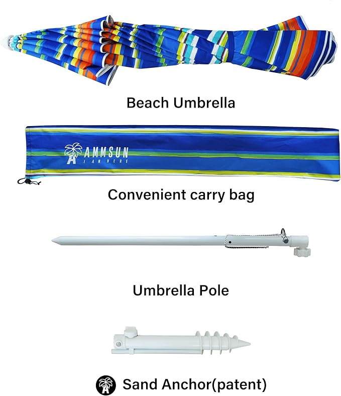 AMMSUN 8 Feet Large Beach Umbrella with Sand Anchor Heavy Duty High Wind Portable Outdoor Umbrellas UV 50+ Protection Air Vent Tilt Patio Garden Pool