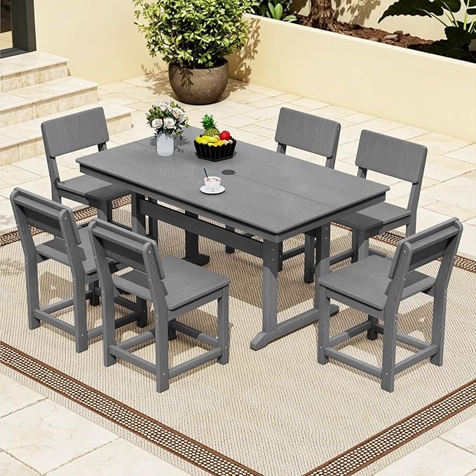 7-Piece HDPE Outdoor Patio Dining Set,Modern Plastic Dining Sets，Patio Table and Chairs Set with Umbrella Hole Cut-Out Table and 6 Chairs Gray
