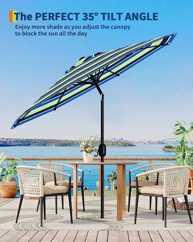 GarveeLife 9 ft Outdoor Patio Umbrella, Table Market Umbrella With Push Button Tilt and Crank, 8 Sturdy Ribs UV Protection Waterproof for Garden, Deck, Backyard, Pool (Yellow-blue-purple striped)