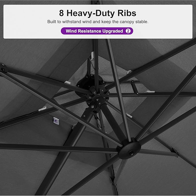 PURPLE LEAF 10 FT Cantilever Umbrella Outdoor Patio Umbrella, Large Offset Square Umbrella, Windproof Heavy Duty Hanging Outside for Patio, Mist Grey
